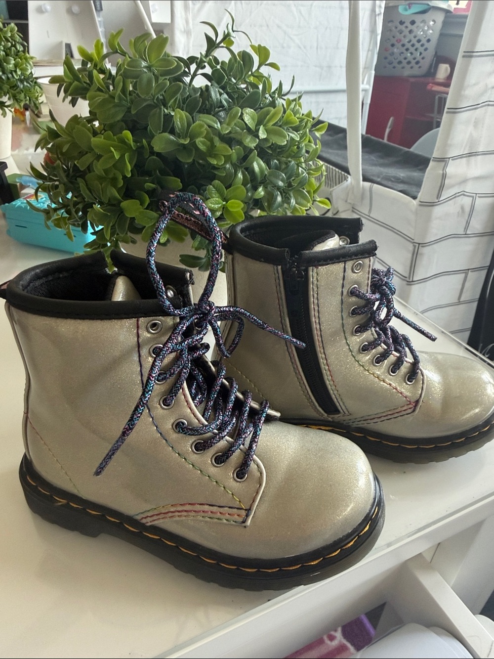 Dr. Martens Kids Silver Metallic Lace-Up Boots with Rainbow Laces